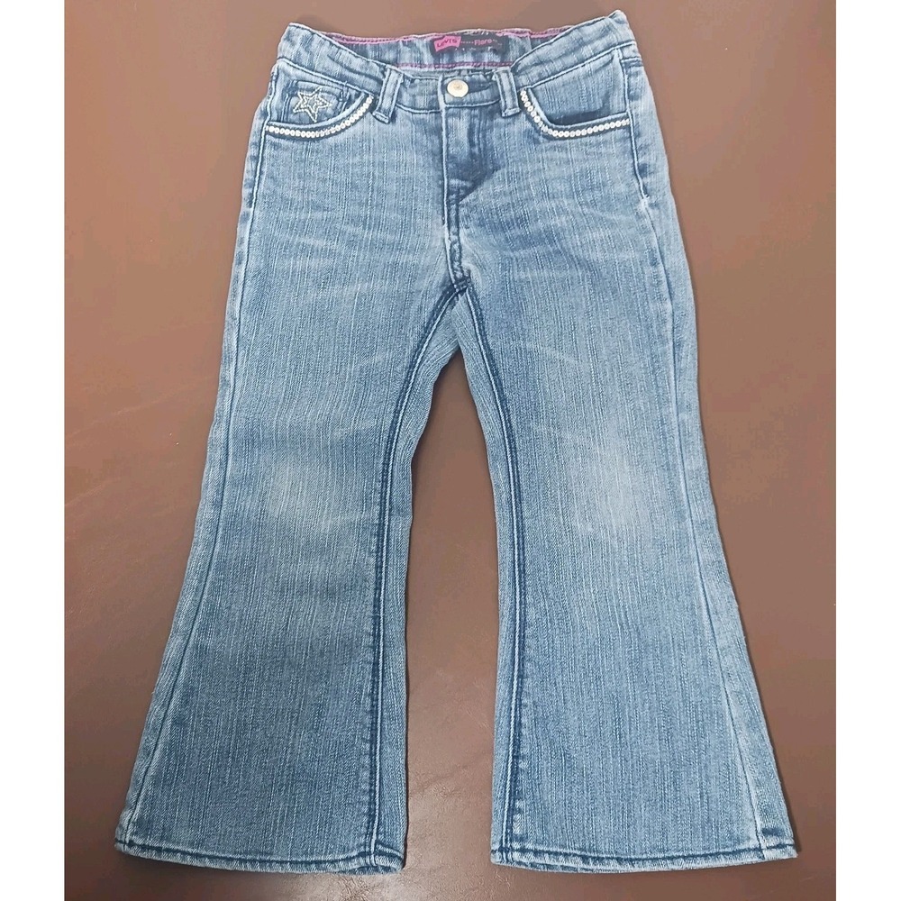 Levi's Flare Girls Jeans Stretch Denim Sequins-Stars Adjustable Waistband Size 4